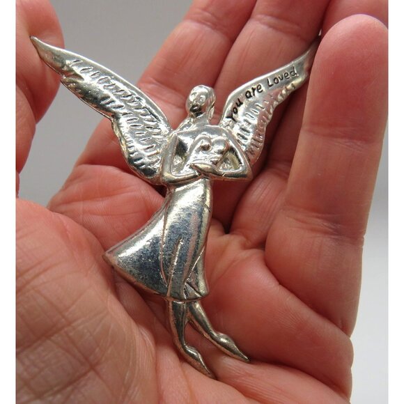Angel Brooch You Are Loved 2.5" Silver Tone Pin Guardian Heavenly Religious - Picture 10 of 11